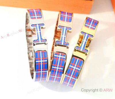 New Copy Hermes Blue Plaid Enamel Bracelet Lover Bangle